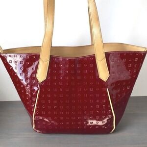 Arcadia Embossed Patent Leather Tote Shoulder Bag LARGE Dark Red Made In Italy